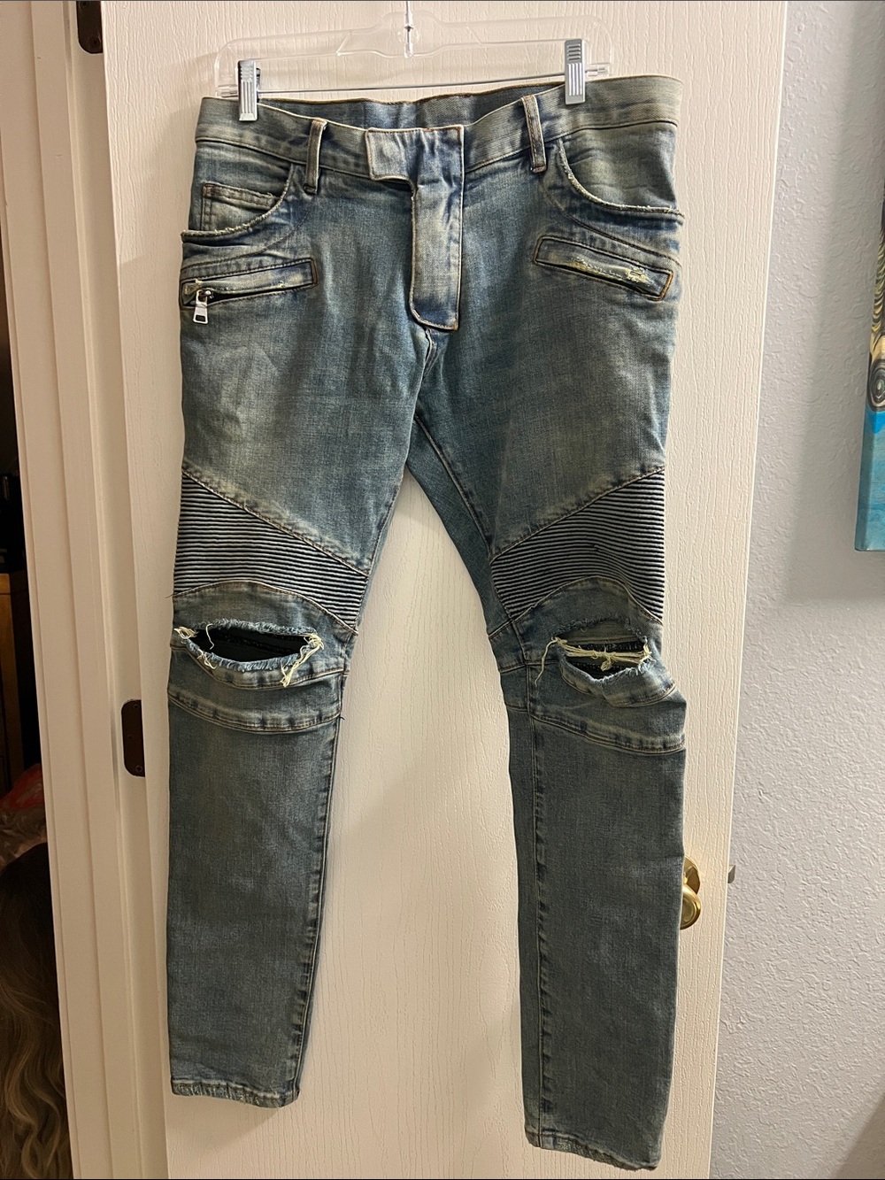 Balmain Distressed Washed Blue Skinny Moto Jeans